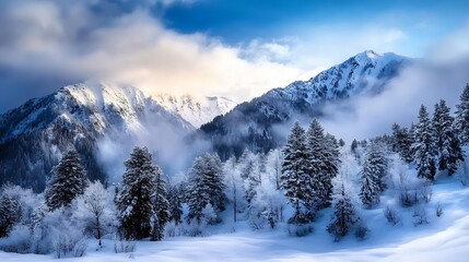 Aufkleber - Snowcovered mountains with evergreen trees in a winter wonderland scenery : Generative AI