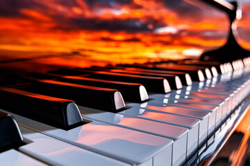 Poster - Close-up of piano keys reflecting a vibrant sunset, creating a warm and dramatic image, showcasing musical artistry and the beauty of nature