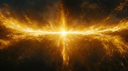 cosmic energy burst, space backdrop, golden flames, abstract art, vfx