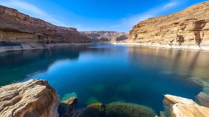 Poster - Serene and picturesque view of a calm lake surrounded by majestic cliffs under a clear blue sky : Generative AI