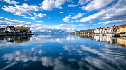 Poster - Serene lake view reflecting clouds and mountains under bright blue sky in picturesque landscape : Generative AI