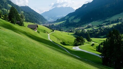 Poster - Breathtaking panoramic view of lush green hills and valleys under a bright sky in the mountains : Generative AI