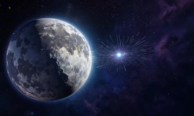 Wall Mural - A star shatters into large glowing fragments in space near a massive moon. Energy beams connect the pieces, casting a faint light. Futuristic cosmic aesthetic