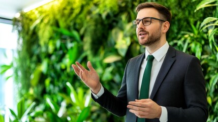 Poster - Professional man presenting ideas in front of a lush green wall in a modern office setting