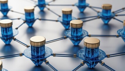 Poster - Blockchain-powered financial virtualization featuring group of blue and gold objects for banking solutions
