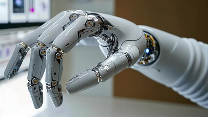 Poster - Robotic hand demonstrates advanced dexterity and precision in a modern tech lab setting