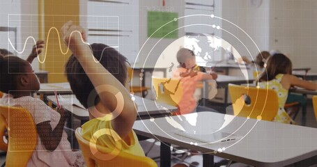 Poster - Children in classroom with digital globe and data animation overlay