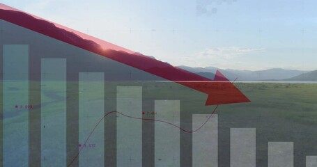 Poster - Bar chart with downward red arrow and animation over mountain landscape