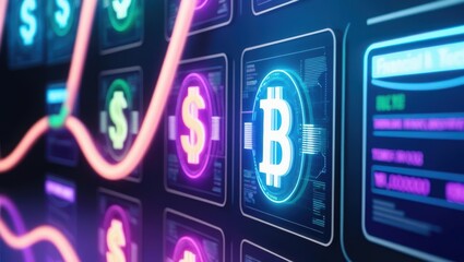 Poster - Vibrant neon bitcoin illuminating a wall in a futuristic digital financial ecosystem setting