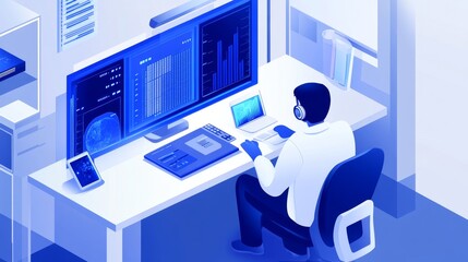 Aufkleber - Person working at a desk with multiple screens displaying data and graphs in a modern office
