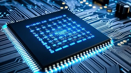 Poster - Circuit Board Close-up: a hyper realistic shot of a computer chip, showcasing intricate circuitry and technological advancement, with a focus on the interplay of light and shadow.