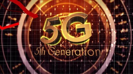 Poster - Animation of 5G text with downward red arrow over digital world map