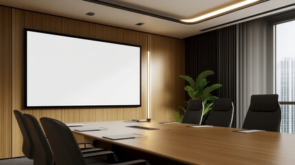 Poster - Modern conference room with a large screen, wooden walls, and a plant, ideal for meetings
