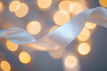 Leinwandbilder - White ribbon with bokeh lights in the background. Abstract concept of celebration, wedding, or Christmas card design. Bokeh and blur effect. Close-up.