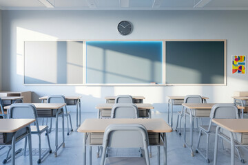Poster - Empty classroom with light-beige desks and grey chairs, three blank boards, clock, and sunlight, showcasing a clean and bright learning environment