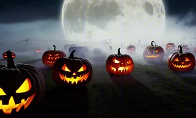 Wall Mural - A spooky pumpkin patch glows softly under a misty full moon. The pumpkins’ carved faces emit warm light, casting eerie shadows across the fog-covered ground. Halloween surreal aesthetic