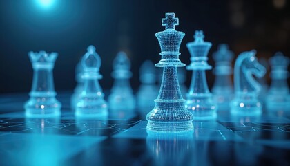 Poster - Futuristic chess pieces on digital board. Strategy game concept with king and rook in focus. Tech, business strategy competition, decision making. Success, future, innovation.