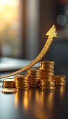 Poster - Gold coins stacked with upward arrow. Represents financial growth, investment, business success, profit, income. Economic concepts of wealth, saving, currency, banking. Finance industry, market.