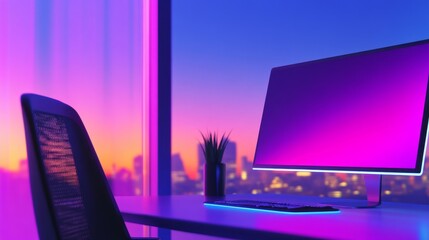 Poster - Modern workspace with a glowing monitor at sunset, showcasing a vibrant city skyline