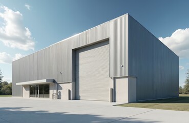 Poster - Contemporary minimalist warehouse exterior. Sleek corrugated metal facade, large garage door. Modern architecture, blue sky. Commercial real estate, industrial park, business premises. New