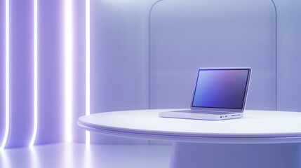 Aufkleber - Modern workspace featuring a sleek laptop on a circular table with ambient lighting