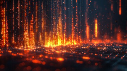 Digital rain, fiery data streams, abstract background, tech concept