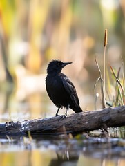 Poster - Black Bird Standing on a Log Near Water Surrounded by Natural Greenery : Generative AI