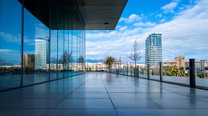 Aufkleber - Modern urban architecture with a sleek reflective facade showcasing city skyline under a clear blue sky : Generative AI