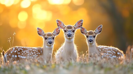 Aufkleber - Three adorable fawn deer standing gracefully together during golden sunset in a beautiful meadow : Generative AI