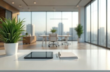 Poster - Modern office interior with white desk, tablet, notepad, pen, plant. City skyline view through large windows, creating bright, airy workspace. Minimalist design for business, work, startup, career.