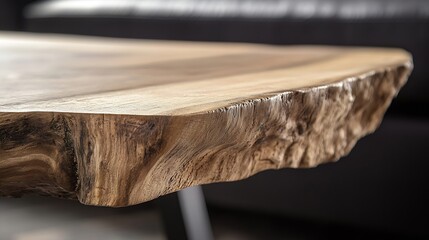 Poster - Closeup view of a unique wooden table showcasing natural grain and texture set in a stylish contemporary living space : Generative AI