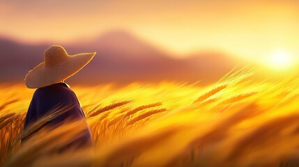 Wall Mural - a portrait of a woman in a hat, surrounded by wheat fields as the sun sets behind her