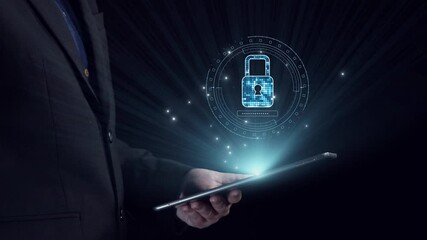 Poster - a modern businessman holds a digital tablet, emphasizing cyber security with a lock symbol against a