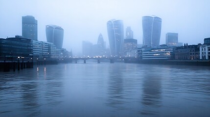 Aufkleber - Mysterious Foggy Cityscape Highlighting Modern Skyscrapers Reflected in Calm Water : Generative AI