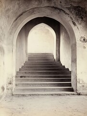 Poster - Elegant vintage staircase with arches leading into bright light in a historic building : Generative AI