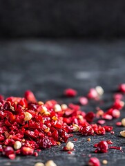 Aufkleber - Colorful vibrant chili flakes spread across a dark kitchen surface highlighting culinary spices and flavor : Generative AI