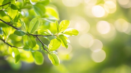 Poster - Close up of vibrant green leaves with soft natural light and bokeh background for a serene atmosphere : Generative AI