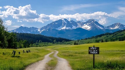 Aufkleber - Scenic view of a winding dirt road leading to majestic snow capped mountains under a bright blue sky : Generative AI
