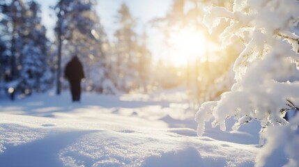 Poster - A serene winter landscape with snowcovered ground and a silhouette of a person walking towards a radiant sun in the background : Generative AI