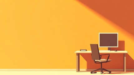 Poster - A minimalist workspace featuring a desk with a computer and chair against a vibrant orange wall