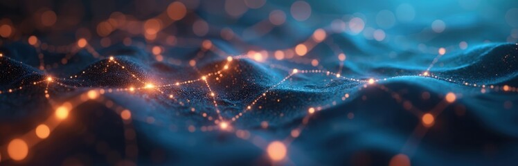 Poster - Neural network, AI tech illustration. Low poly abstract background with lines, dots. Futuristic digital design, glowing connection, cyber security, science, tech. Ideal for data visualization, cloud