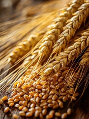 Poster - Golden wheat grains scattered on rustic wooden table with warm reflections and soft lighting for premium food concept