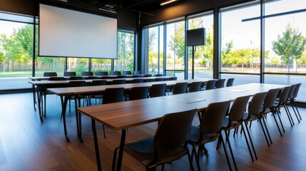 Poster - Modern conference room with rows of tables and chairs, bright windows, and green trees outside