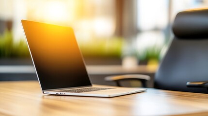 Poster - Modern workspace with a laptop on a wooden desk, illuminated by warm sunlight, plants in background