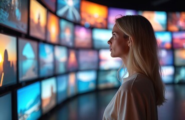 Aufkleber - Woman looking at giant wall with many colorful TV screens. Female stands profile, watches media content, news feed or online stream. Modern tech, data visualisation, digital display, information.