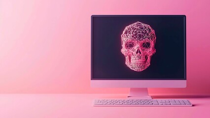 Poster - a computer displaying a skull, concept of cyber crime.