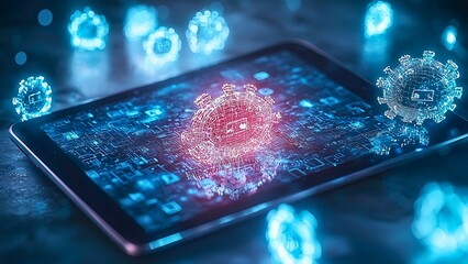 Poster - a digital representation of a virus on a tablet screen.