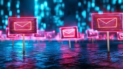 Poster - glowing email signs in a futuristic environment.