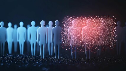 Poster - a group of figures illuminated with technology.