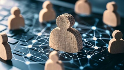 Poster - a network of people with wooden figurines on a keyboard.